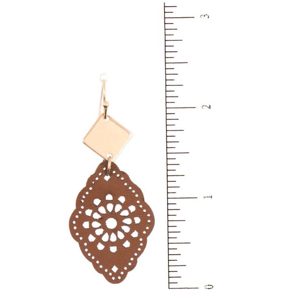 Brown Cut Out Leather Dangle Drop Earrings - Picture 2 of 2